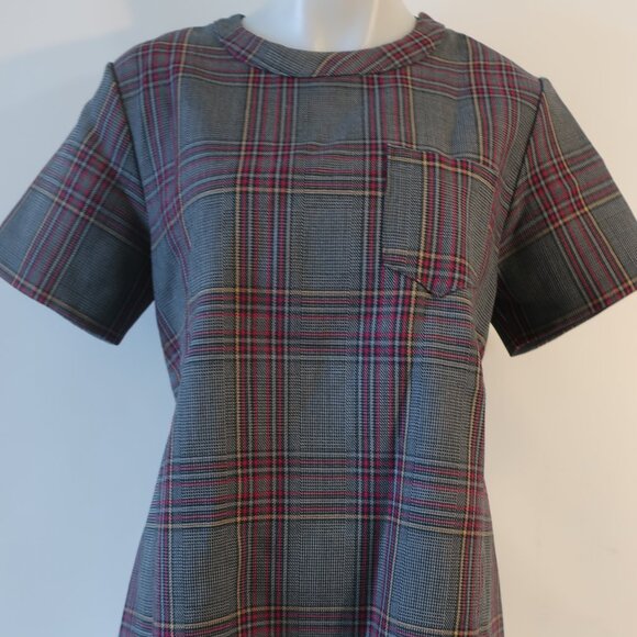 Women Sacai Black Gray Burgundy Plaid Short Sleeve Pleated Top Blouse M - Picture 4 of 14